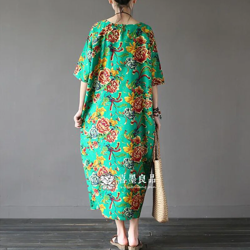 Женское льняное платье с цветочным принтом Свободное длинное в китайском стиле