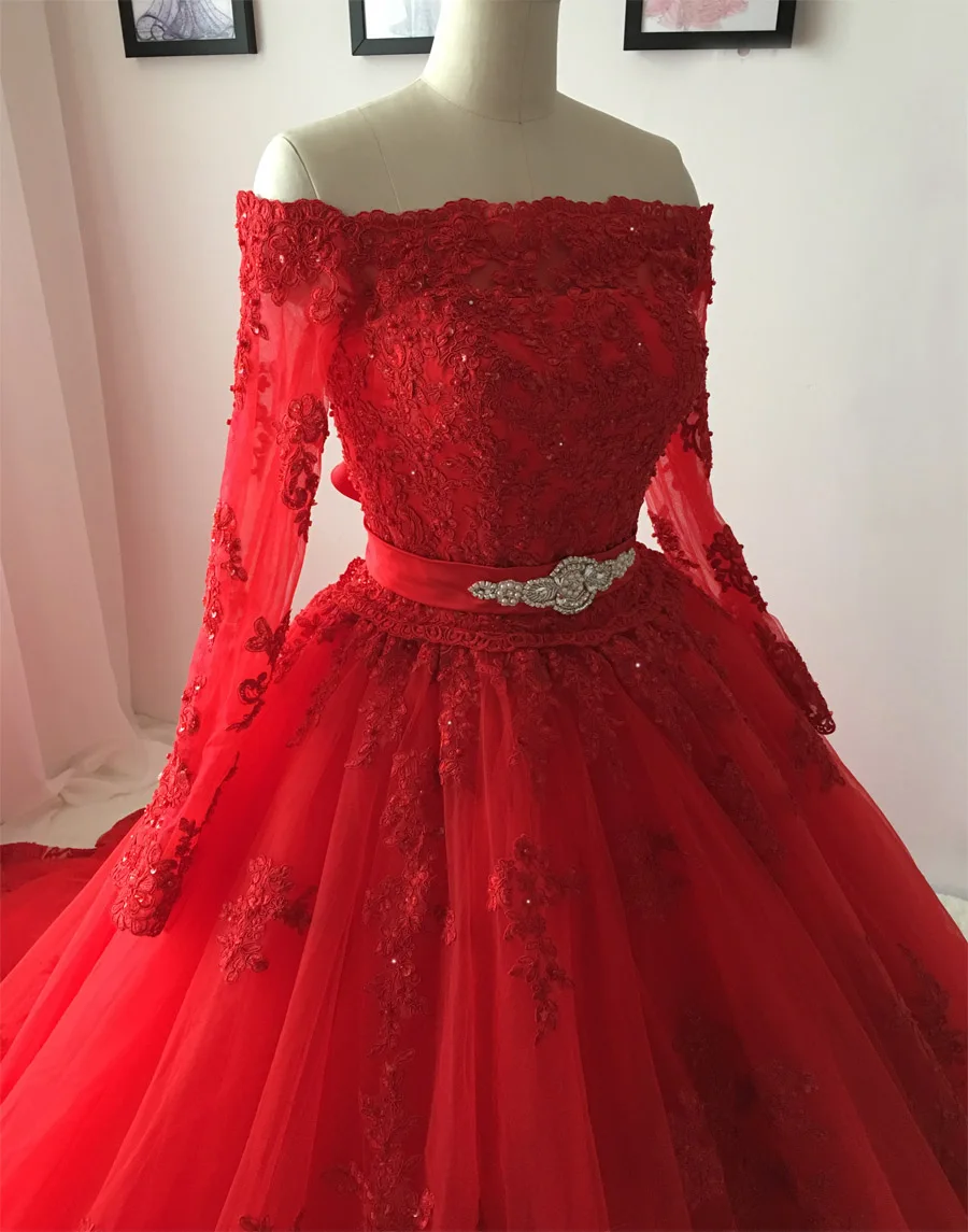 Красное свадебное платье с длинным рукавом и открытыми плечами|vestido de noiva princesa|noiva