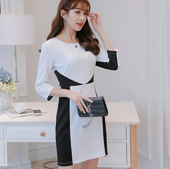 Демисезонное платье женская одежда лоскутное Bodycon показать тонкие милое белое