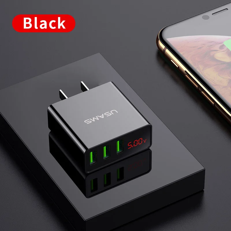 Светодиодный дисплей 3 USB зарядное устройство, USAMS Универсальное зарядное устройство для мобильного телефона Max 3A EU US настенное зарядное устройство для iPhone 7 8 X samsung Xiaomi зарядное устройство - Тип штекера: US Black