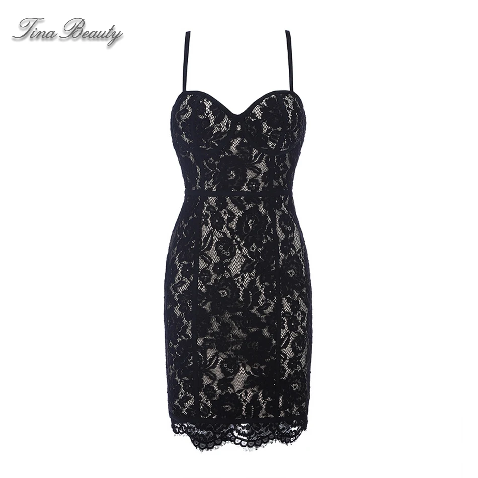 

Summer Lace Black Spaghetti Strap Mini Dress Women's Bandage Dress For Party Prom 2019 Newest Runway Celebrity Summer Sundress