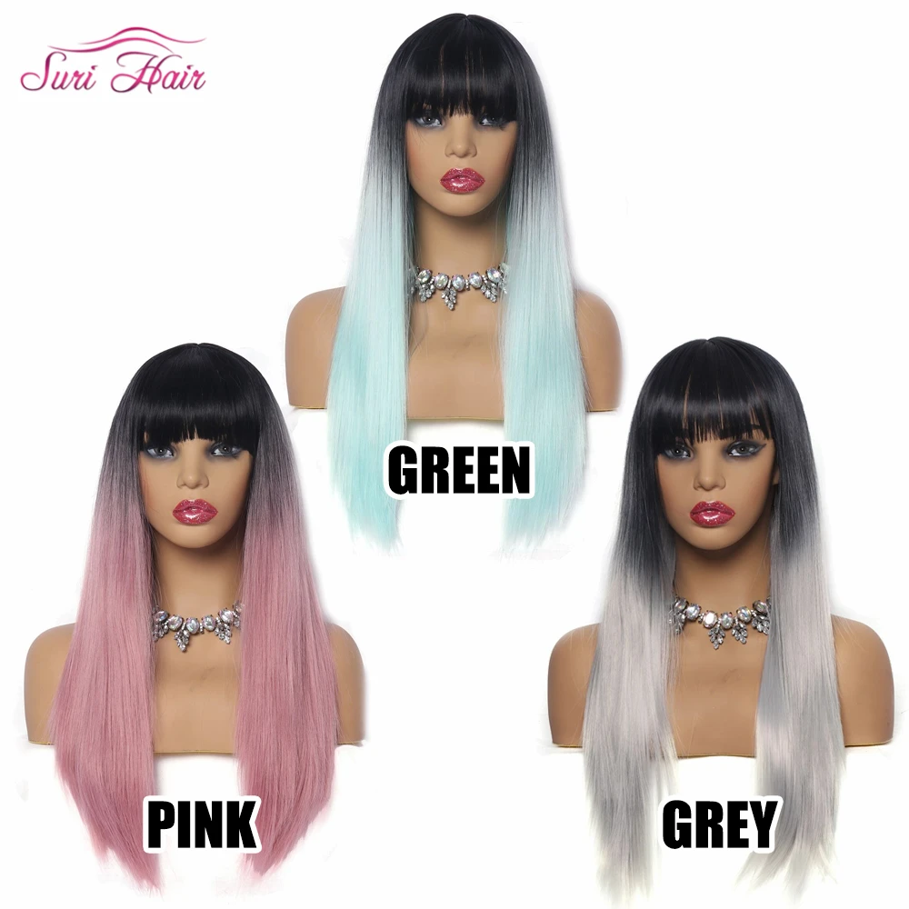 Сури волосы парик косплей 130% Плотность Glueless 26 длинные прямые Ombre зеленый парик с челкой Бразильские синтетические парики для черных женщин