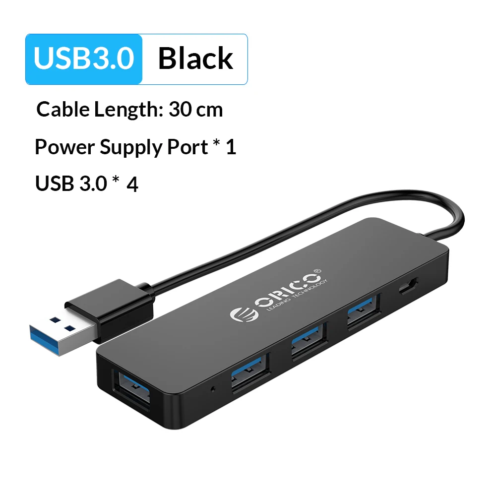 ORICO высокоскоростной 4 порта USB 3,0 концентратор с портом питания USB2.0 сплиттер OTG адаптер для iMac ноутбука Аксессуары для настольных ПК - Цвет: USB 3.0 30CM Black