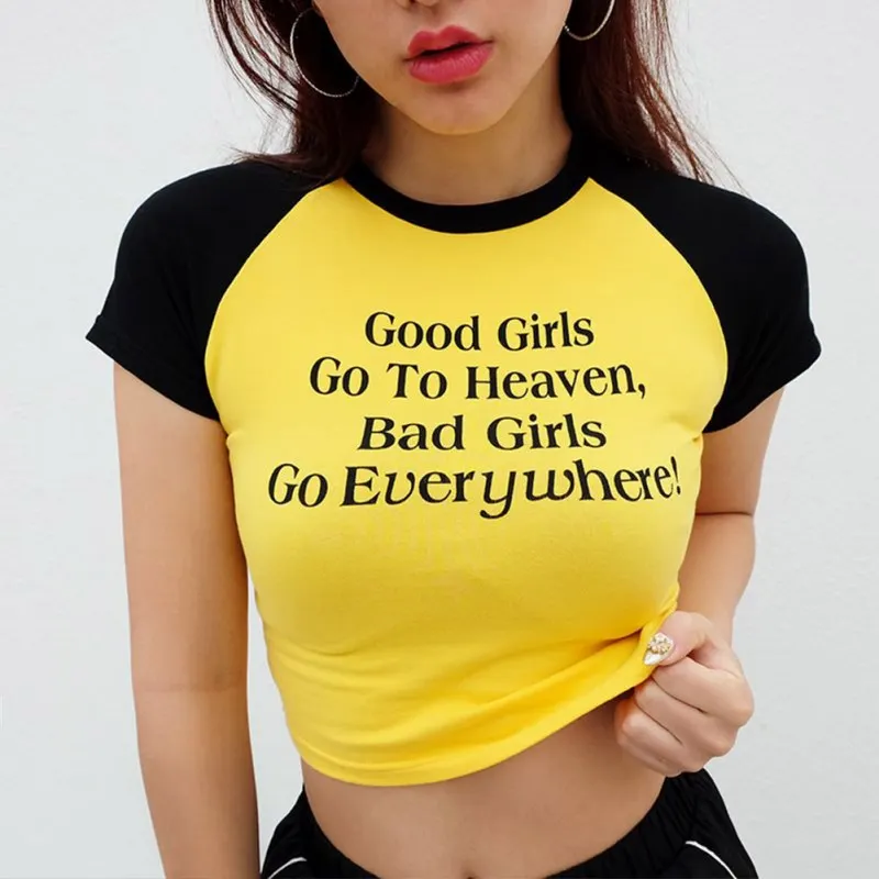 

Sexy Slim Short T-Shirt Women Fashion Letter Print Patchwork Short Sleeve Tshirt Summer Yellow T Shirts O-Neck Top