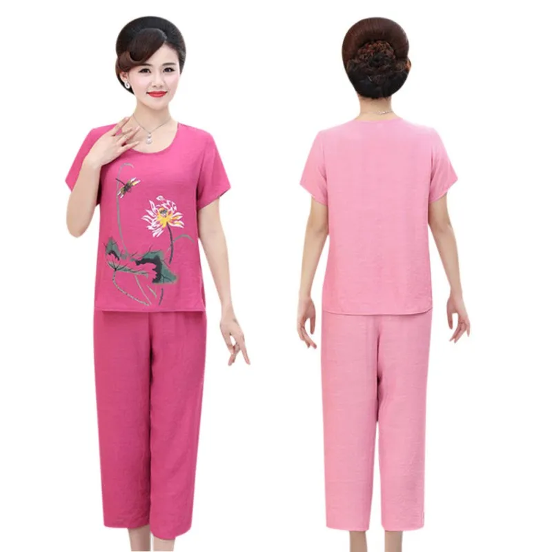 Женский хлопок и лен с принтом Свободная рубашка коротким рукавом широкие брюки