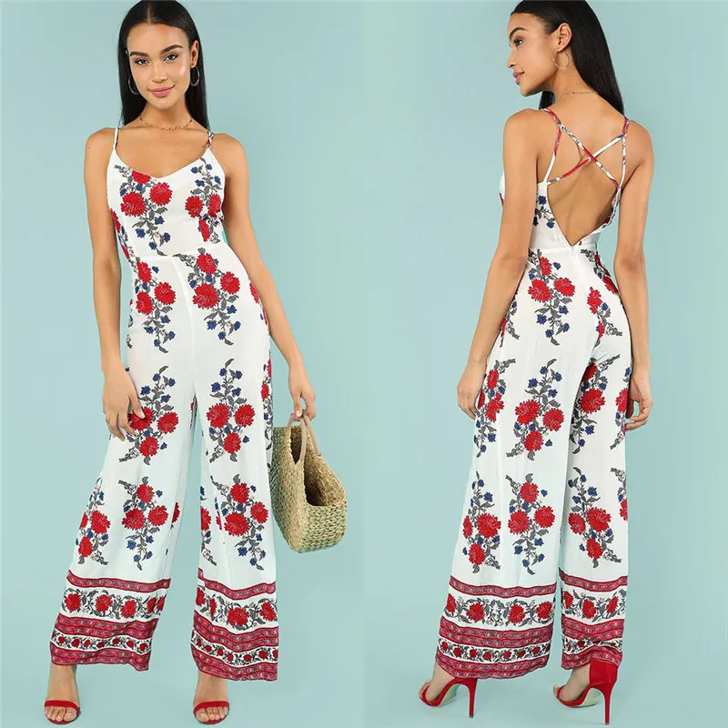 

Elegant Woman Fashion Jumpsuit Clubwear Summer Floral Printed Playsuit Bodycon Party Suspenders Jumpsuit Backless Romper Pants