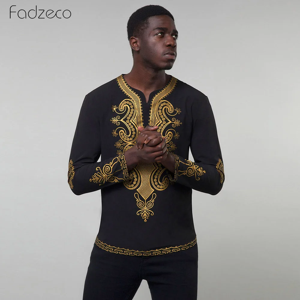 Fadzeco African Shirt For Men Dashiki Tribal Print 2019 Fashion V-Collar Long Sleeve Big Size Casual | Тематическая одежда и