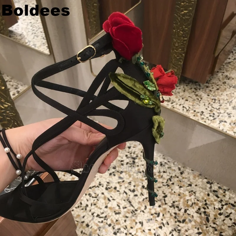 

Fashion Satin Designer Flower Vine Thin High Heel Flowers Sandals Women Open Toe Straps Ankle Wrap Summer Shoes