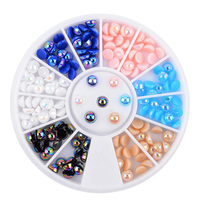 

AB 3d Pearl Nail Rhinestone Colorful Mixed Size Crystal Nail art Decoration Half Round Heart Eyes Design in Wheel Nail Art Tips