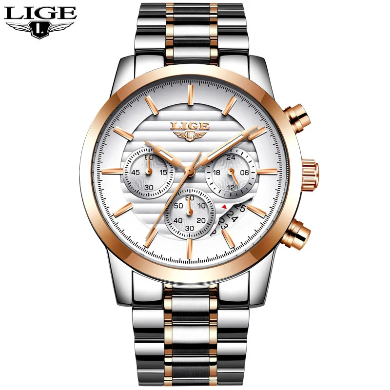 rose gold white LIGE мужской роскошный бренд часов полная сталь кварцевые часы мужские военные водонепроницаемые платья спортивные мужские модные повседневные relogio masculino - Цвет: rose gold white