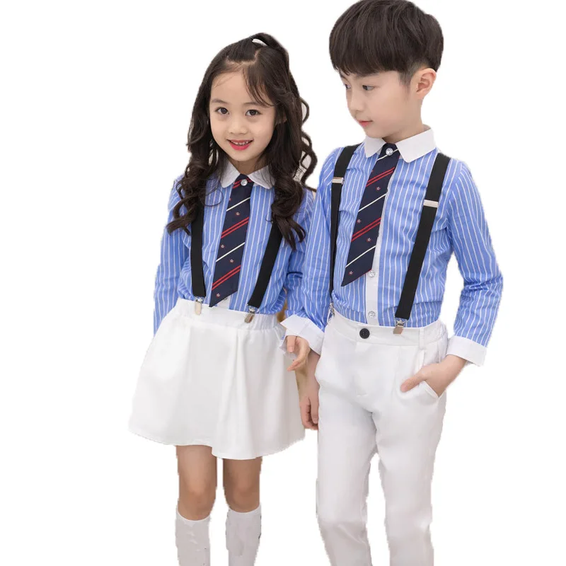 School uniform Suit For Boys Kids Formal White Wedding Dress Gentleman Girls Strap Shirt Pant Tie 4Pcs Pinao Performance Costume | Детская