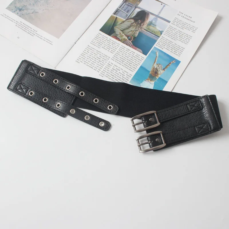 

2019 new vintage Wide Belts for Women Luxury black Double Retro Pin Buckle Women elastic Belts for Dress Female Waistband Belt