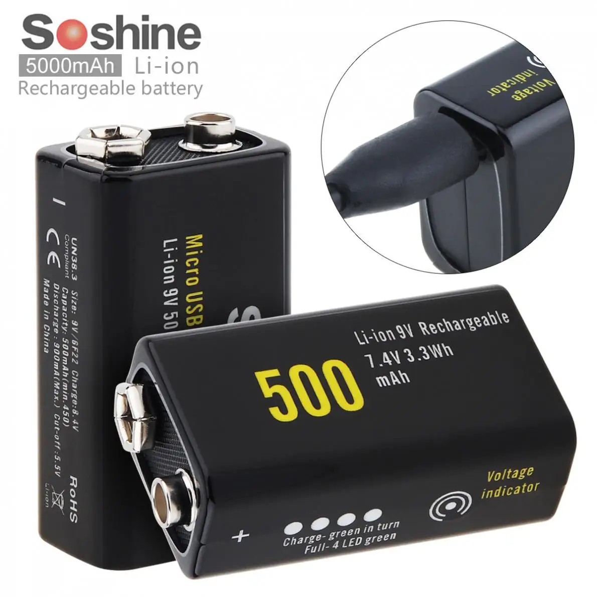 SCLS Новый Soshine 2 шт. 9 в 500 мАч литий ионный 7 4 В 3.3Wh Аккумуляторная Батарея Micro Usb