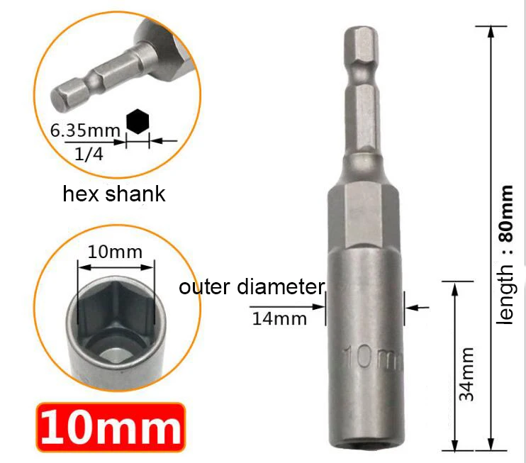 10mm 1 шт. 5,5 мм-19 мм Экстра глубокий Болт Гайка Набор бит 1/4 дюймов 6,35 мм шестигранный хвостовик ударная гайка переходника наборы для электроинструмента - Цвет: 10mm