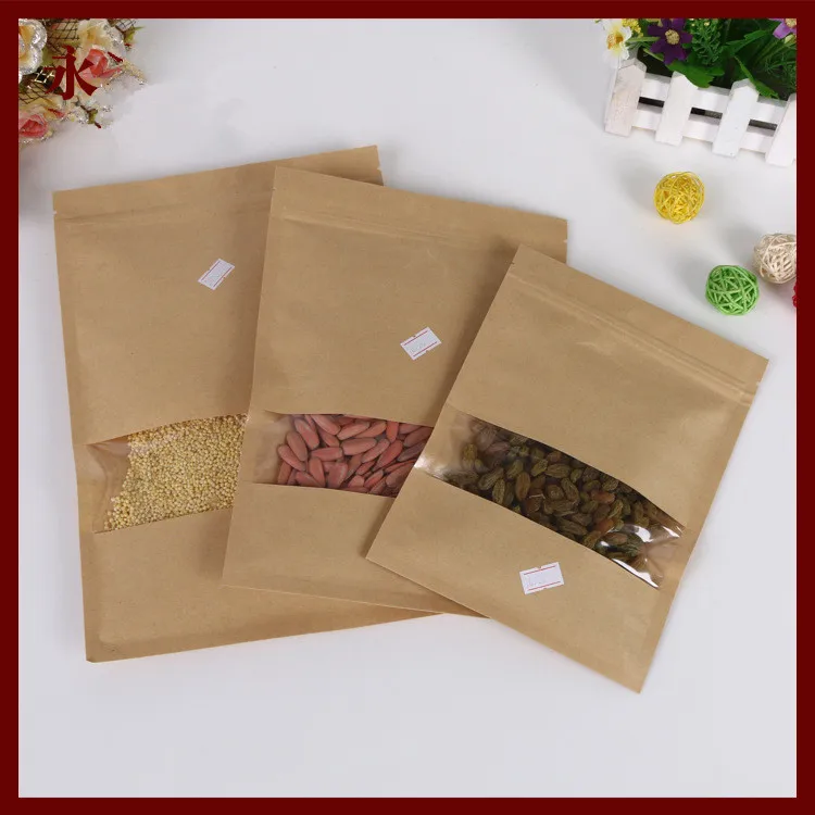 500pcs 18x26cm Flat Brown Kraft Paper Bag With Window No Stand Up Zipper/zip Lock Jewelry Packaging Bag Paper Bags For Gifts/tea