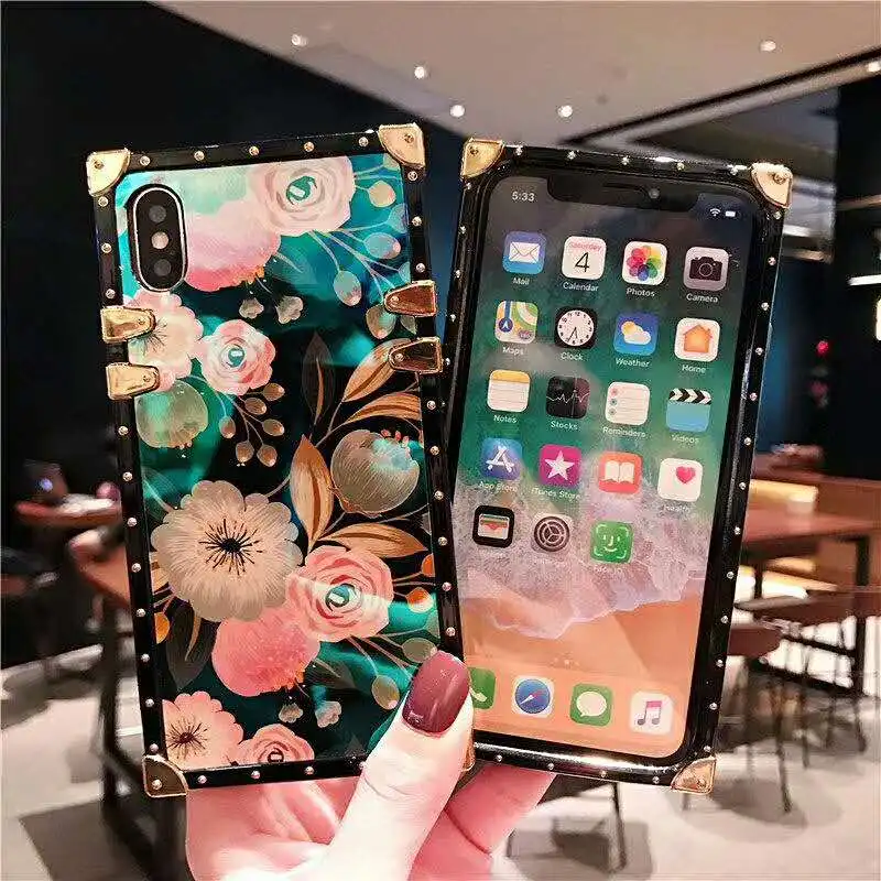 Luxury Brand Blue Ray Rose Flower Case for iphone X XR XS Max Metal Square Phone Cases iPhone 8 7 6 6s Plus Stand Cover |