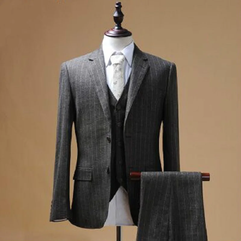 

2017 мужские костюмы, деловой костюм для мужчин, свадебное платье для жениха, облегающие полосатые костюмы из трех частей, серые зимние коричневые полосатые мужские костюмы XS- 6XL