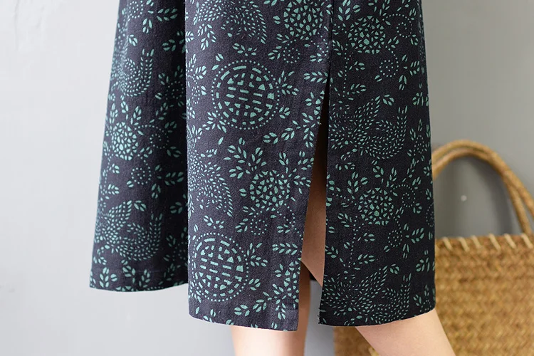 SCUWLINEN Vestidos, женское весеннее летнее платье, винтажное, с принтом, на кнопках, три четверти, свободное льняное платье, Повседневное платье S299
