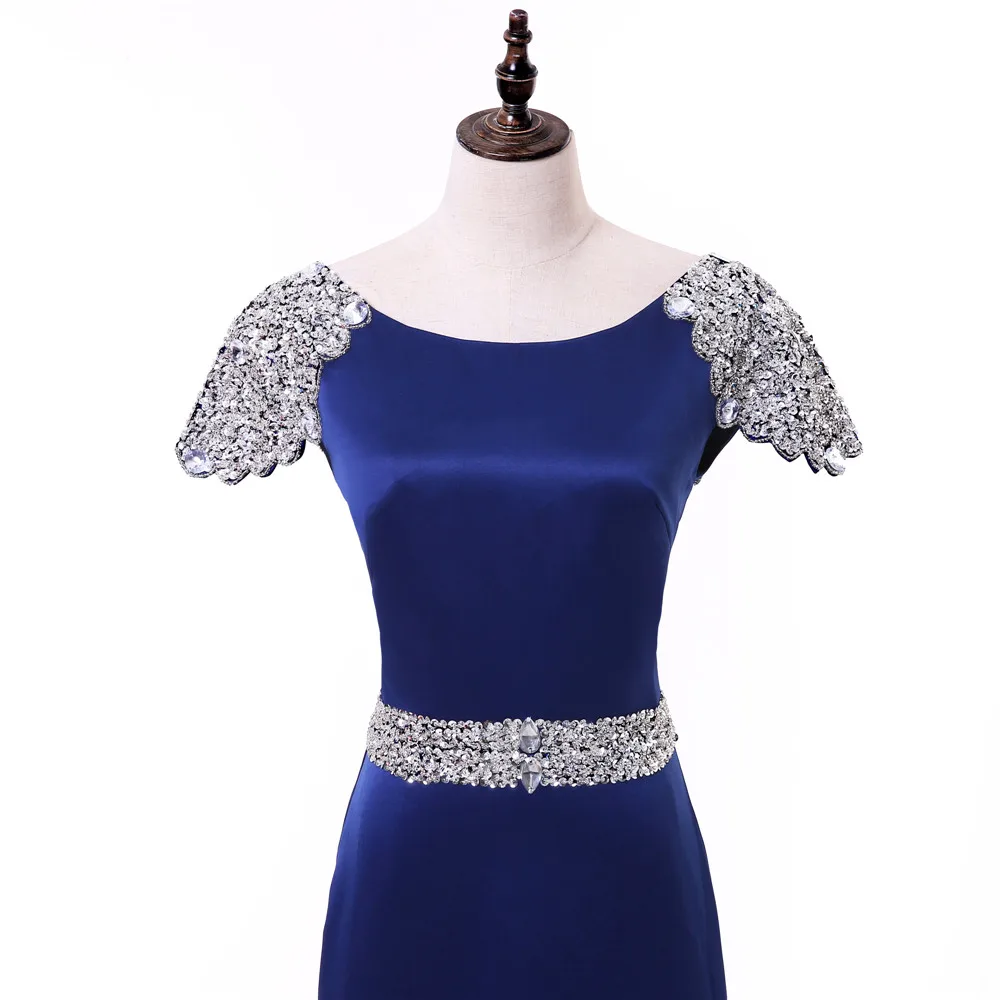 Royal Blue Evening Dresses Mermaid Cap Sleeves Crystals Backless Long Gown Prom Dress Robe De Soiree | Свадьбы и торжества