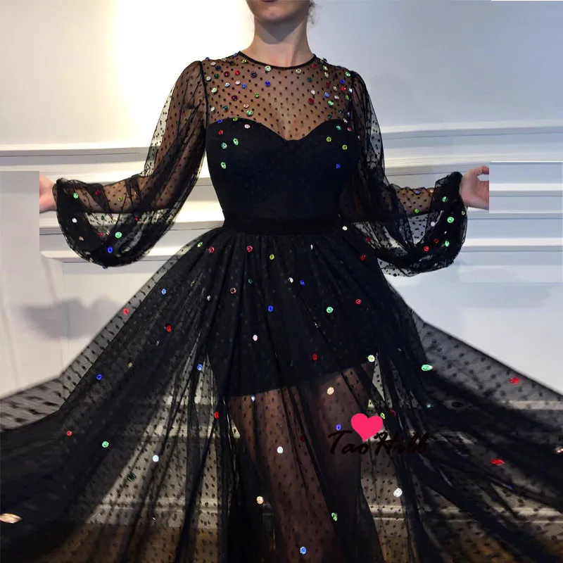 TaoHill Новые Одежда с длинным рукавом Diamond Jewel средства ухода за кожей шеи платья для женщин модные, пикантные See Through черный горошек Чистая