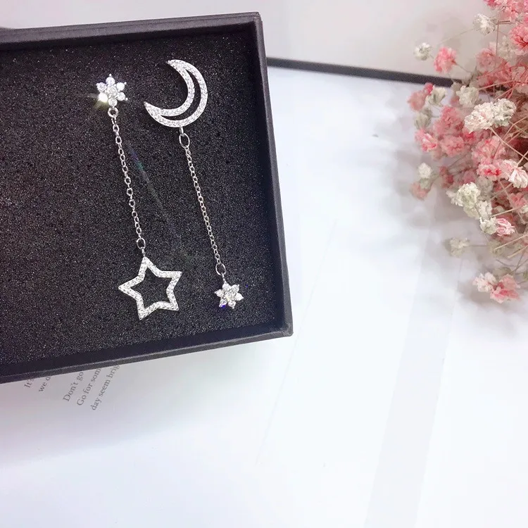 Moon star мини cz асимметричные серьги серебро гвоздики fadeless сплава ювелирные изделия