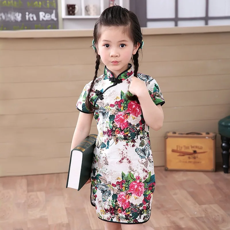 Cotton Girl Dress Floral Kids Baby Girls Qipao Short Sleeve Chinese Cheongsam Spring Autumn Clothes Hot 2021 New | Детская одежда и