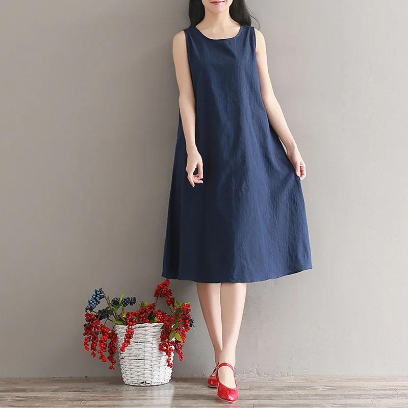 Plain Causal Dresses Womenu2019s Loose Short Midi Dress Lady Cotton Linen Sundress | Женская одежда