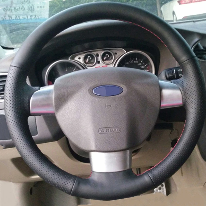 Чехол на руль из черной искусственной кожи прошитый вручную для Ford Focus 2 2005 2011(3
