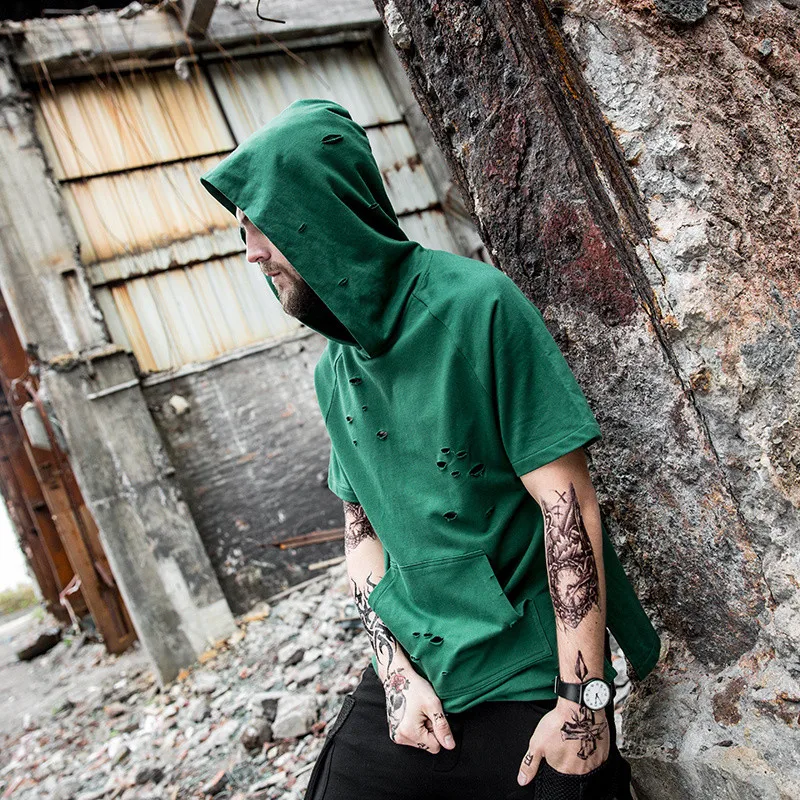 COULHUNT Лето короткий рукав толстовки для мужчин рваные с капюшоном тонкий пуловер