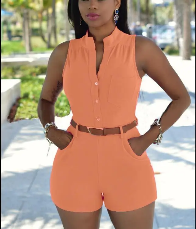 

Sexy ladies jumpsuit loose fit casual jumpsuit shorts belt Round neck Buckle sleeveless Solid color Short jumpsuit women's 2019