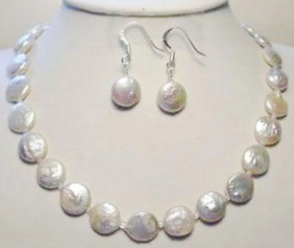 

Genuine Natural 11-12mm White Freshwater Coin Pearl Necklace Earrings Set AAA