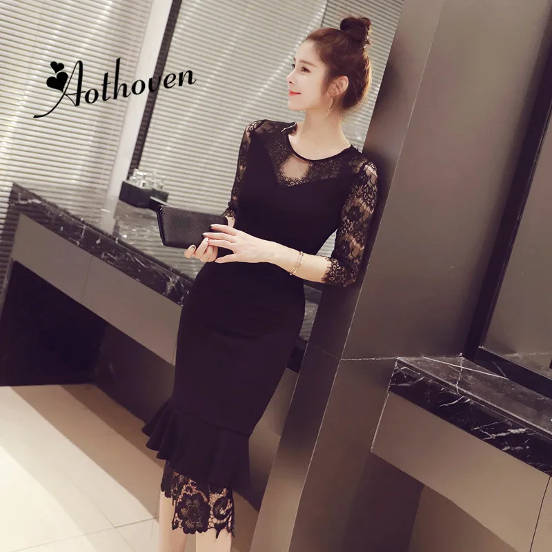 

Летние черные платья-русалки с круглым вырезом, лоскутное кружевное платье с рукавом до локтя, Женский офисный облегающий пикантный вечерн...