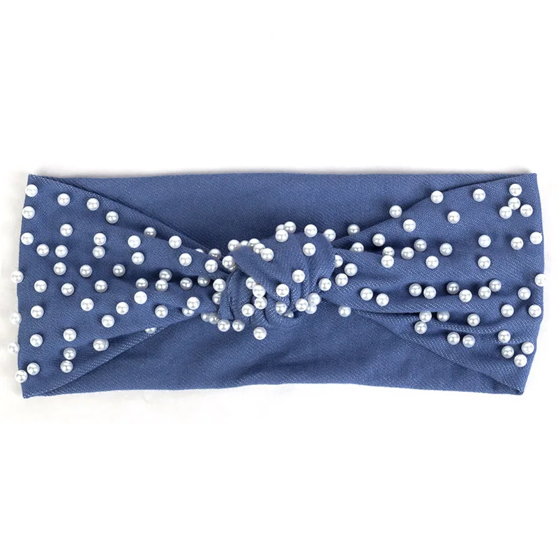 White Dark blue Женские жемчужные аксессуары ребристая Узловая эластичная резинка для волос для женщин Женская Полосатая тюрбан обертывание s бисер хлопок головной убор Богемия - Цвет: White Dark blue