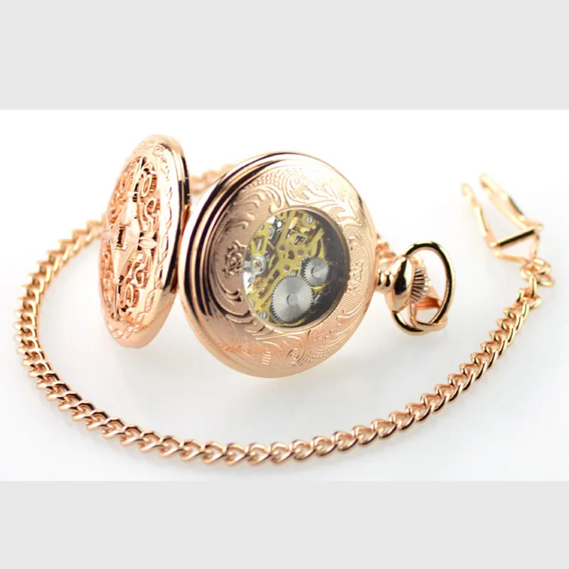 

WOONUN New Pocket Watch Luxury Fashion Rose Gold Skeleton Mechanical Hand Wind Pocket Watches For Men Mechanical Pocket Watch
