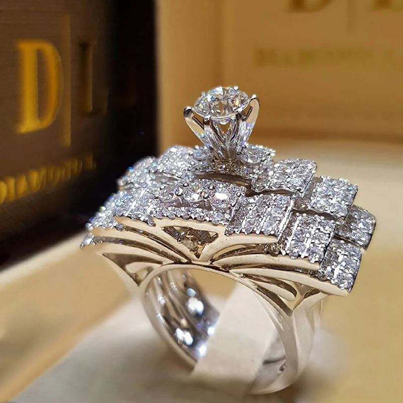Роскошные серебряные Цвет Rhinestone кольцо набор изысканный кристалл кольца для