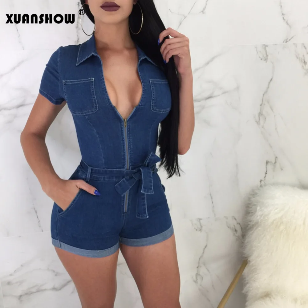 XUANSHOW 2018 Летний стиль женский комбинезон сексуальный шнуровка карман на молнии