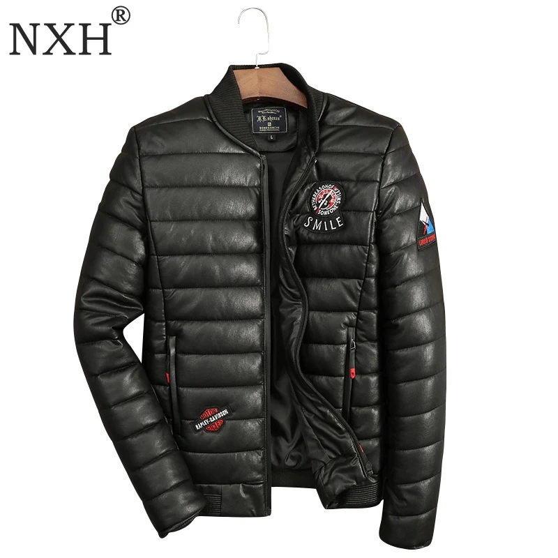 NXH New arrival Men's winter PU Leather Jacket Cotton garmen Warm men Overcoat Male Casual Black coat Brand Quality M-3XL