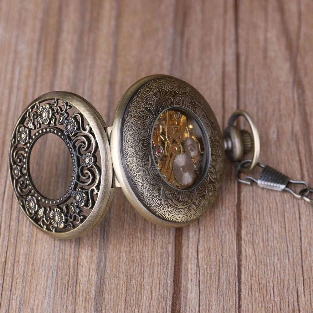 Exquisite Skeleton Flower Manual Mechanical Pocket Watch Vintage Steampunk Necklace Pendant for Men and Women Accessories