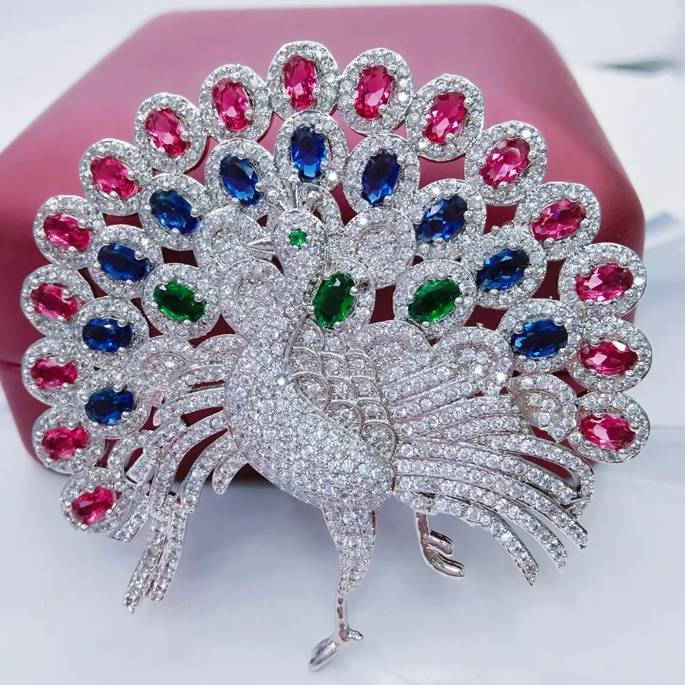 

Big Peacock Brooches For Women Wedding Bouquets Clip Scarf Buckle Hijab Pins Multi-color Stones Brooch Luxury Wedding Accessory