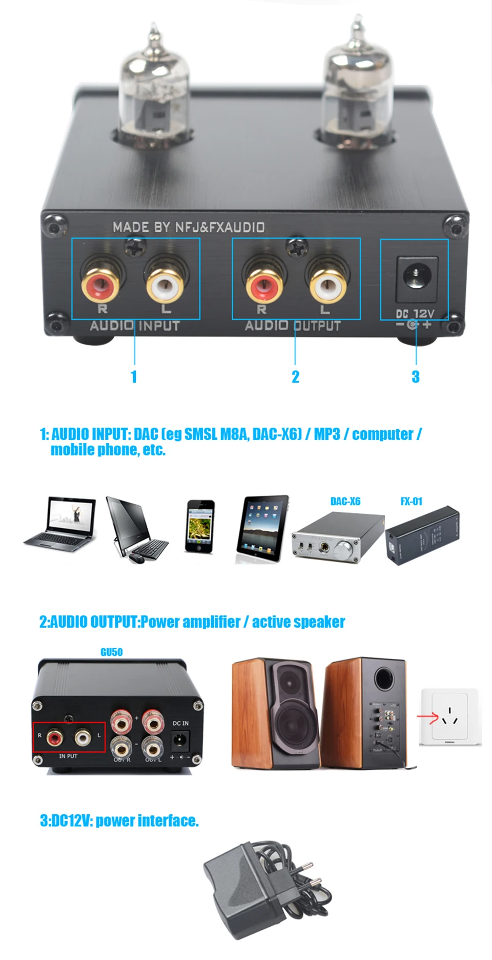 FX-Audio TUBE-01 and TUBE-03 мини-ламповый предусилитель усилитель Hi-Fi предусилитель Регулировка высоких частот с 12В вилкой питания