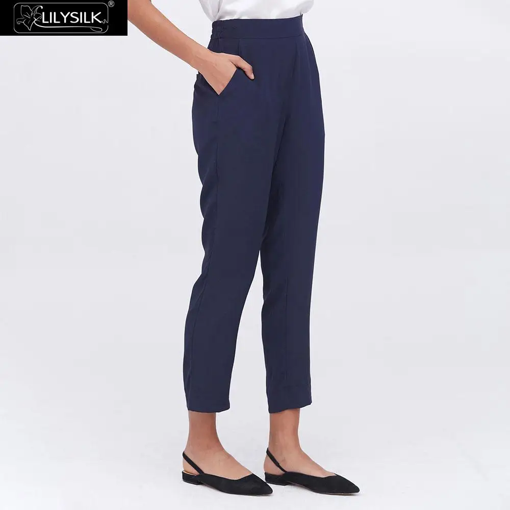 Navy Blue LILYSILK брюки, 100 шелк, классические, средняя посадка, морковь, женские, новинка - Цвет: Navy Blue
