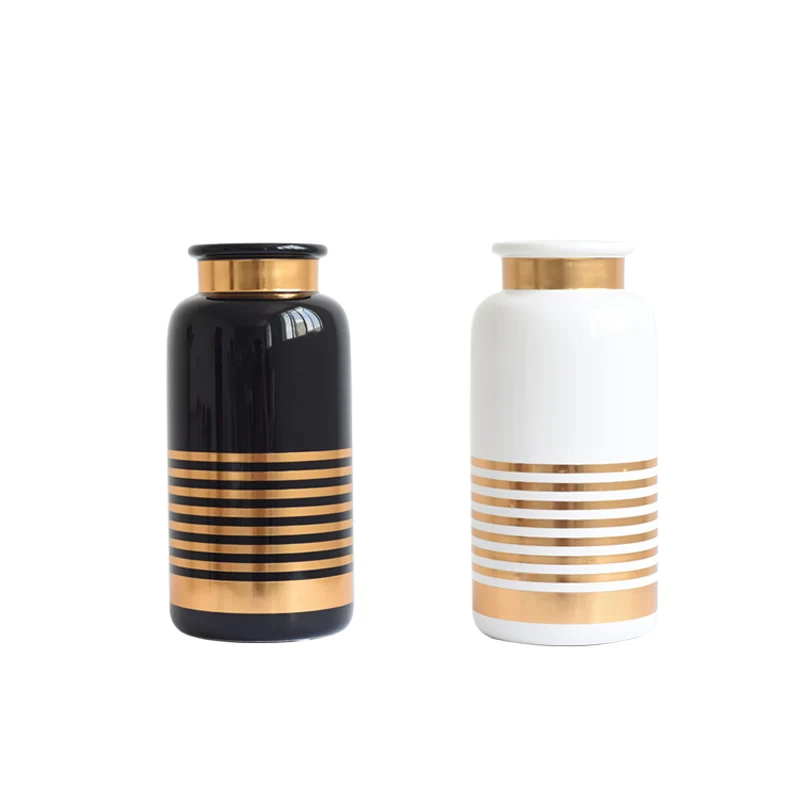

Black White Ceramic Vase Golden Line Design Flower Vase Water Planting Container Home Decorative Vase 30.5-36cm R712