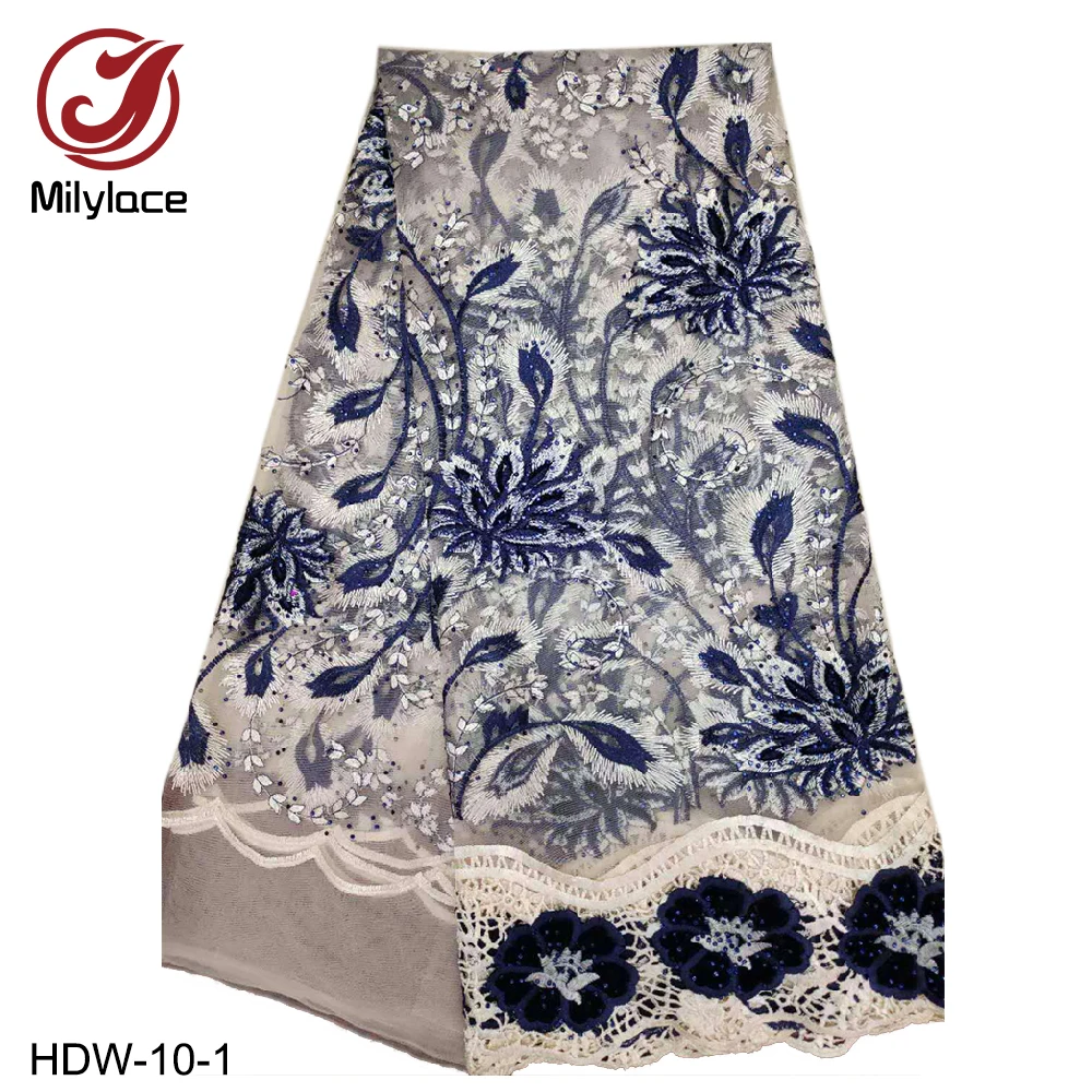 

Milylace new design French lace fabric 5 yards Nigerian tulle lace fabric with floral embroidery and stones for wedding HDW-10