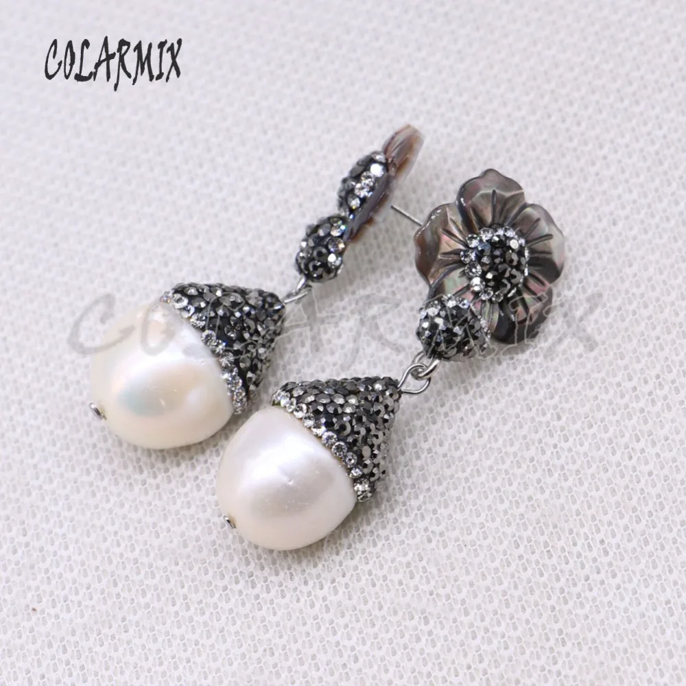 Natural pearls earrings pave rhinestone flower shell fashion jewelry wholesale Jewelry gift for lady 4459 | Украшения и