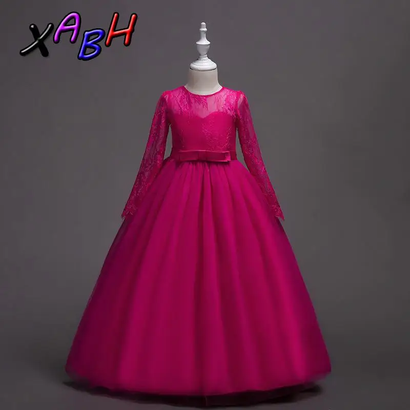 XABH Girls Lace Long Sleeve Gown Dress Children's Flower Girl Wedding Pageant Ball Gowns Kids Fancy Costume | Детская одежда и