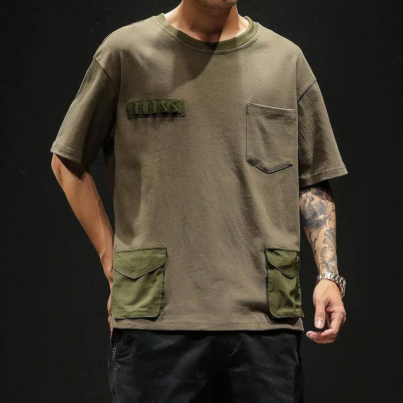 

Hip Hop T-shirts Men With pockets Harajuku Oversized Tops Tee Japan Tshirt Streetwear Casual Solid High Street T Shirts Boy