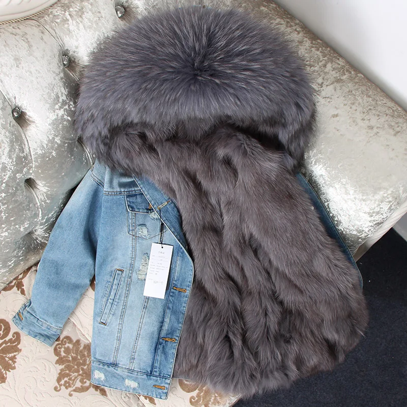 K43 Deepgrey Женская зимняя мягкая теплая джинсовая куртка с подкладкой из натурального Лисьего меха, парка с воротником из лисьего меха, модная куртка, зимнее теплое меховое пальто - Цвет: K43 Deepgrey