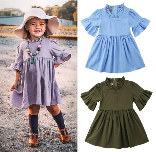 2018 New Summer Baby Kids Girl Flare Sleeve Dress Princess Girls Party Casual Holiday Beach Solid Sundress Clothes | Детская одежда и