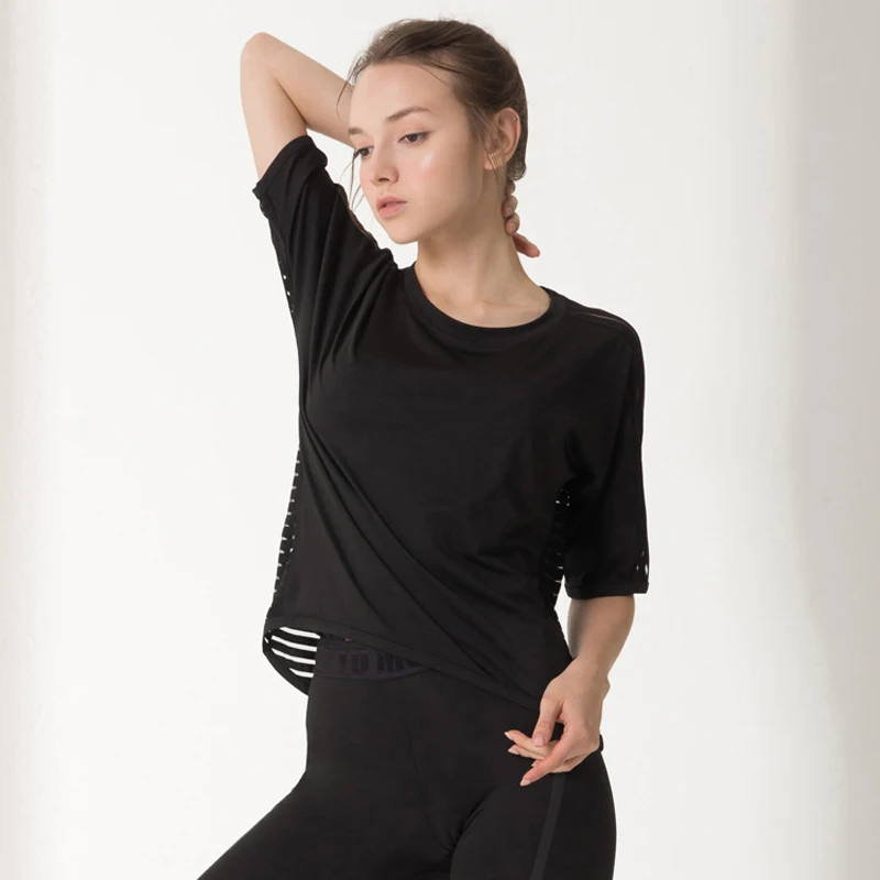 KFDD женская летняя черная футболка для йоги женский спортивный топ с коротким