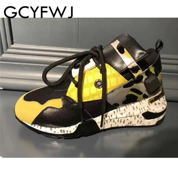 yellow GCYFWJ/Лидер продаж; Разноцветные леопардовые сетчатые кроссовки; обувь из натуральной кожи на шнуровке; Всесезонная женская обувь; обувь для бега; Новинка - Цвет: yellow